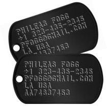 Black Tags Luggage ID Tags - PHILEAS FOGG +1 323-435-2345 PFOGG@GMAIL.COM LA USA AA74837453   