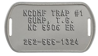 NCDMF (North Carolina) Crab Trap ID Tags   NCDMF TRAP #1    GUMP, T.G.    NC 5906 ER    252-555-1324